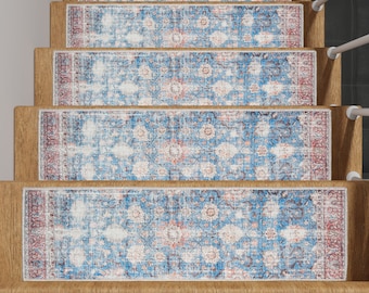 Vintage Blaue Treppenstufen: Rutschfester Teppich Treppenläufer