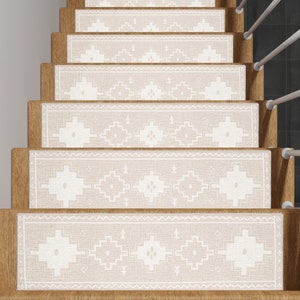 Cream Moroccan Stair Treads Carpet, Geometric Stair Runner Rug, Farmhouse Stair Mat, Washable Thin Stair Pad for Pet, Soft Patio Step Rug
