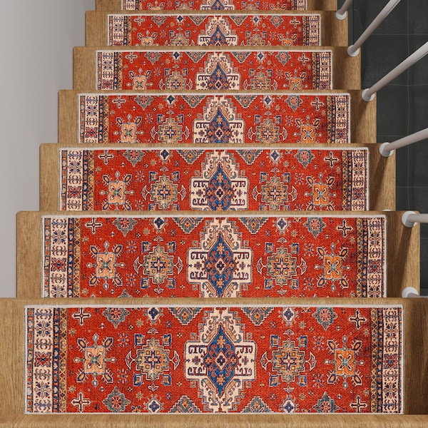 Herki Design Stair Treads Carpet, Vintage Stair Runner Rug, Kilim Stair Mat, Washable Thin Stair Pad for Pet, Soft Office Step Rug