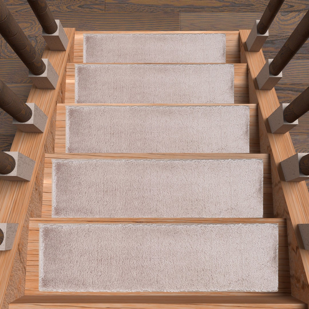 Fluffy Shaggy Stair Treads Carpet, Light Brown Fur Stair Rug, Nonslip