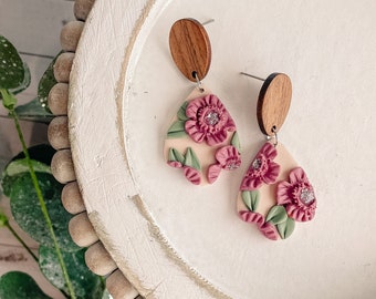 Garden Floral | Botanical Earrings | Polymer Clay Earrings | Statement Earrings | Plum Cream | Hypo-Allergenic | Handmade | Lightweight