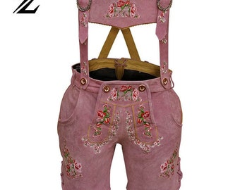 Women Suede Lederhosen Traditional German Leather Short Rose Pink