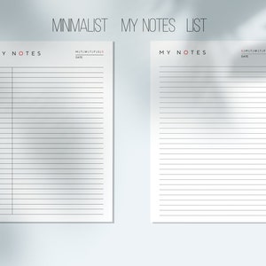 Streamlined Notes: Minimalist My Notes List | 4 Sizes | Monday and Sunday Start | PDF & JPG (600 DPI) | Digital Download | Printable