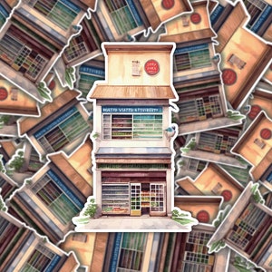 以下が含まれることがあります： 「Shop Here」と書かれた茶色の屋根の3階建ての建物の水彩画。建物には、ショーウィンドウがあり、さまざまな商品が展示されています。ショーウィンドウには、「Mattio Viatteli & Stuiberty」と書かれた看板があります。