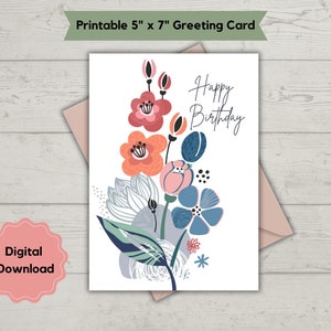 Tarjeta de Cumpleaños Floral Imprimible, Tarjeta con Flores, Tarjeta de Felicitación Imprimible, Tarjeta Digital para Cumpleaños con Flores Diseño Moderno para Ella