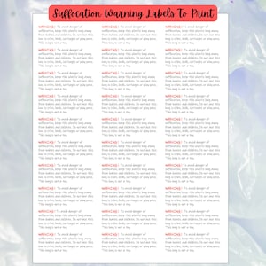 Afdrukbare waarschuwingslabels voor verstikking | Labels voor kleine bedrijven | Vel met 30 verstikkingsstickers | Stickers voor kleine bedrijven | Waarschuwingsstickers
