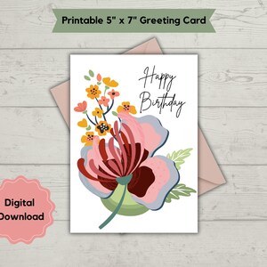 Afdrukbare bloemenverjaardagskaart, kaart met bloemen, afdrukbare wenskaart, digitale kaart voor verjaardag met bloemen Modern design voor haar
