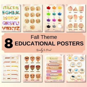 Educational Posters Fall Theme, 8 Homeschool Prints, Montessori Classroom Decor, Alphabet Poster Decor, Toddler Playroom Decor, ABC Posters