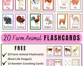 20 boerderijdieren FLASHKAARTEN, Montessori FlashCards, Pre-School Flashcards, afdrukbare Flash Cards voor kinderen onderwijs, Kid Flashcard Printables