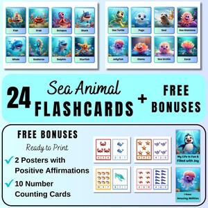 SEA ANIMALS 24 Montessori Cards, Printable Flash Cards for Kids, Preschool Flashcards Printable, Flashcards for Kids, Children Flashcards