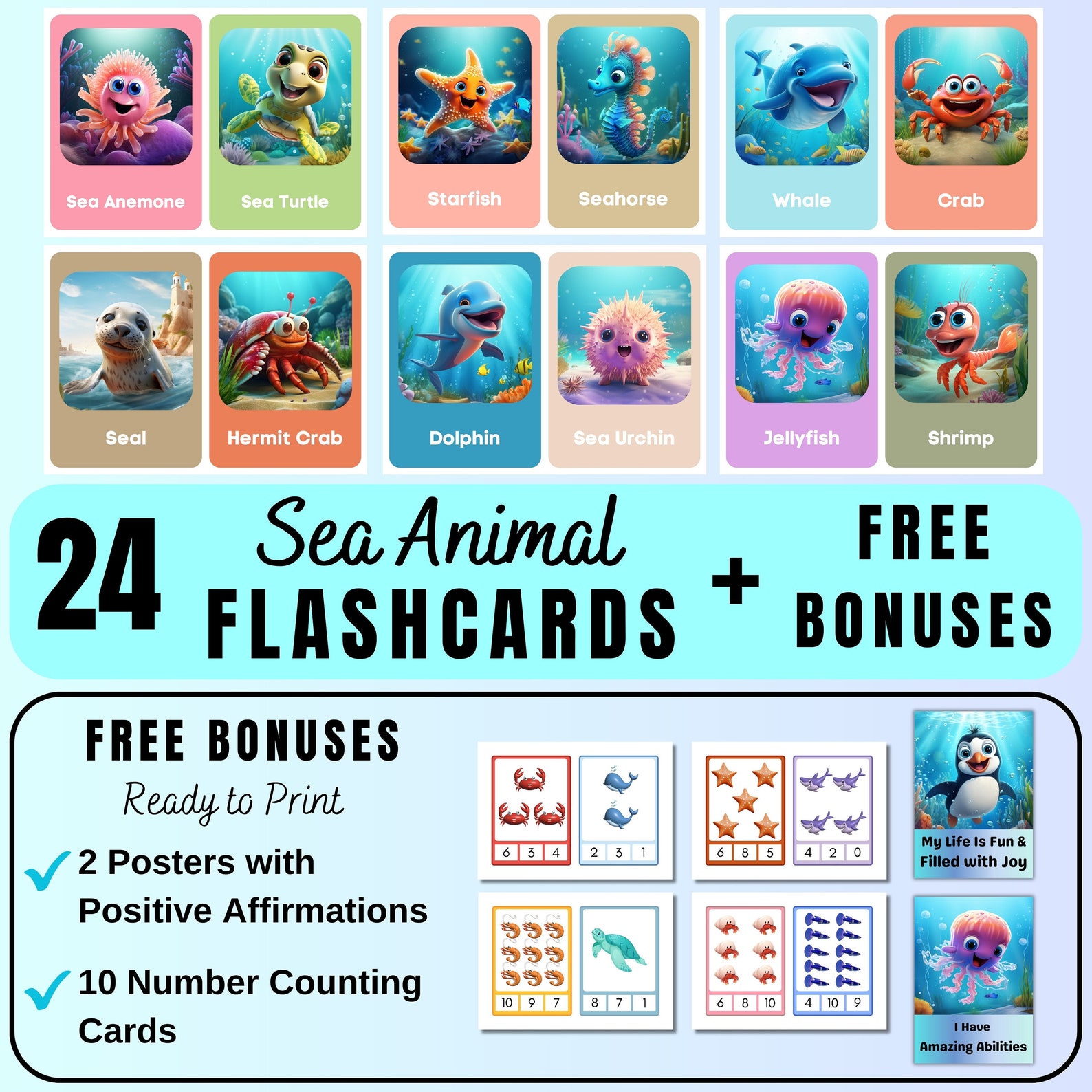 SEA ANIMALS 24 Montessori Cards, Printable Flash Cards for Kids ...