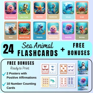 SEA ANIMALS 24 Montessori Cards, Printable Flash Cards for Kids, Preschool Flashcards Printable, Flashcards for Kids, Children Flashcards