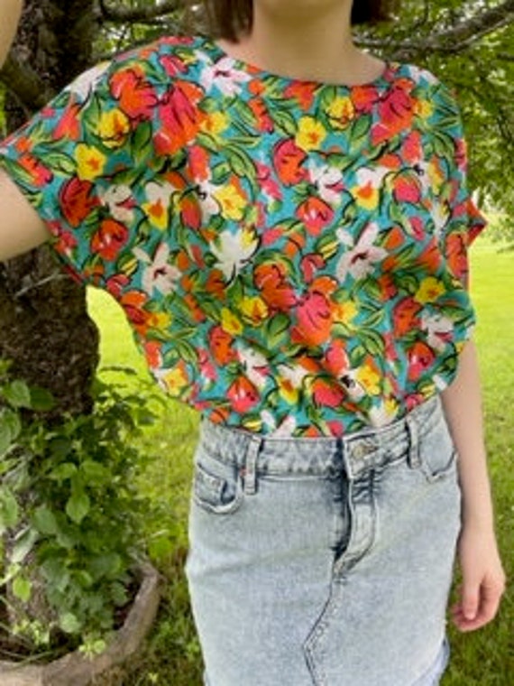 Vibrant Vintage 80s Floral Blouse Size Large