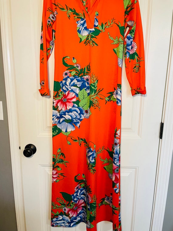 1970s Vintage Orange Floral Dress