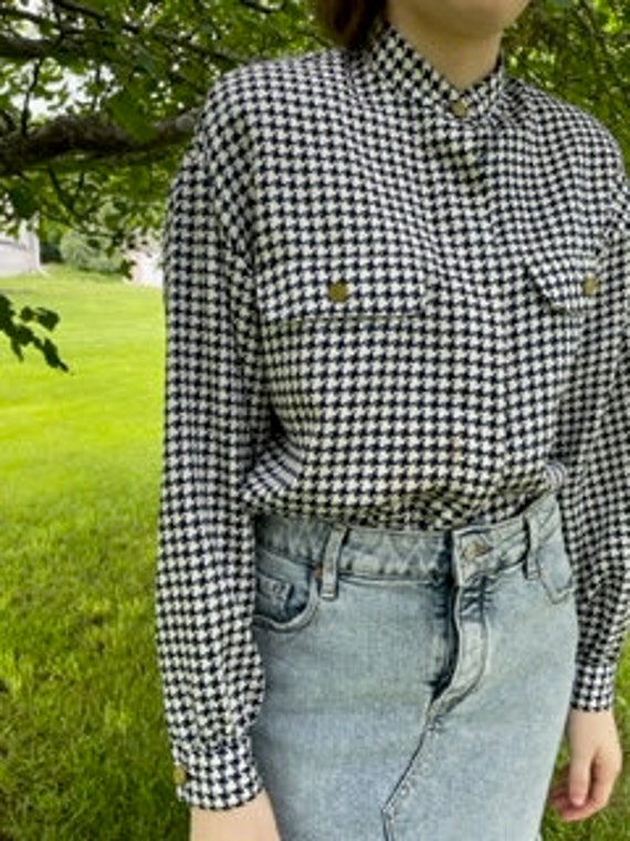 Navy and White Houndstooth Blouse with Gold Button