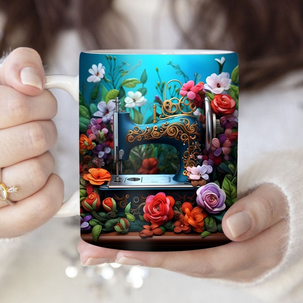 3D Sewing Machine and Flowers SublimationWrap Mug, Mugwrap PNG 3D MugWrap SewingMachine 11oz 15oz 3d Mugwrap SublimationmugWraps 3dflowermug