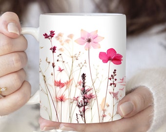 Wildflower Mug Wrap: Pink Pressed Flowers, 3D Floral Design (Digital Download)