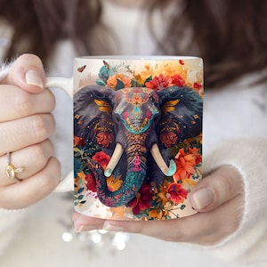 3D Elephant Mug Wrap | Watercolor Mandala Elephant 11oz 15oz Sublimation Design Png | Digital Download | 3D Animal Mug | Mug Wrap Template