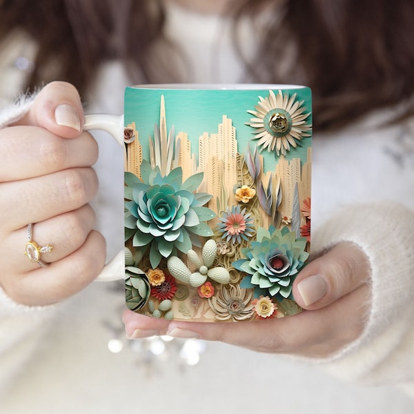 3d Western Desert Cactus and Flowers, 11oz 15oz Sublimation Design, 3d Mug Wrap PNG Digital Download