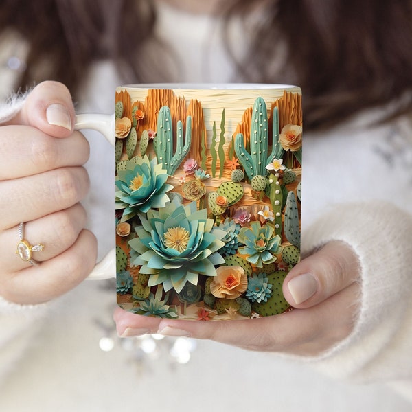 3d Western Desert Cactus Flower Mug Design, 11oz 15oz Sublimation Design, 3d Mug Wrap PNG Digital Download