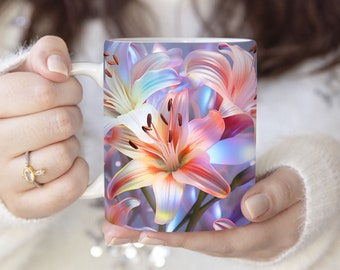 Tazza con gigli iridescenti, design a sublimazione: 11 oz 15 oz PNG (download digitale)