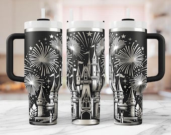 Envoltura para vaso de castillo de cuento de hadas, celebración de fuegos artificiales mágicos, envoltura completa grabada con láser, diseño rotatorio sin costuras, descarga digital instantánea