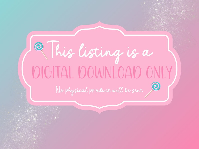 Pu&ograve; includere: Cartello rosa e blu per il download digitale con bordo bianco e due grafiche di lecca-lecca. Il cartello recita "Questo elenco &egrave; un DOWNLOAD DIGITALE SOLO. Nessun prodotto fisico verr&agrave; inviato."