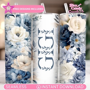 Gigi Tumbler Wrap PNG: Dusty Blue Floral Design (Digital Download)