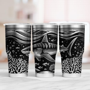 Tiger Shark Tumbler Laser SVG File: Ocean Coral Reef Engraving