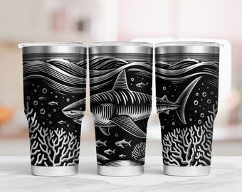 Tiger Shark Tumbler Laser SVG File: Ocean Coral Reef Engraving