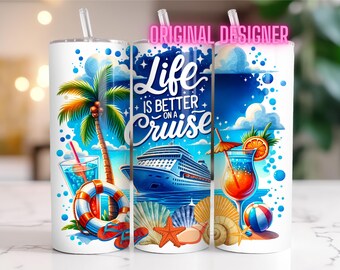 Life is Better on a Cruise Tumbler Wrap - Seamless 20oz skinny sublimation design - PNG instant digital download - Watercolor Cruise Ship