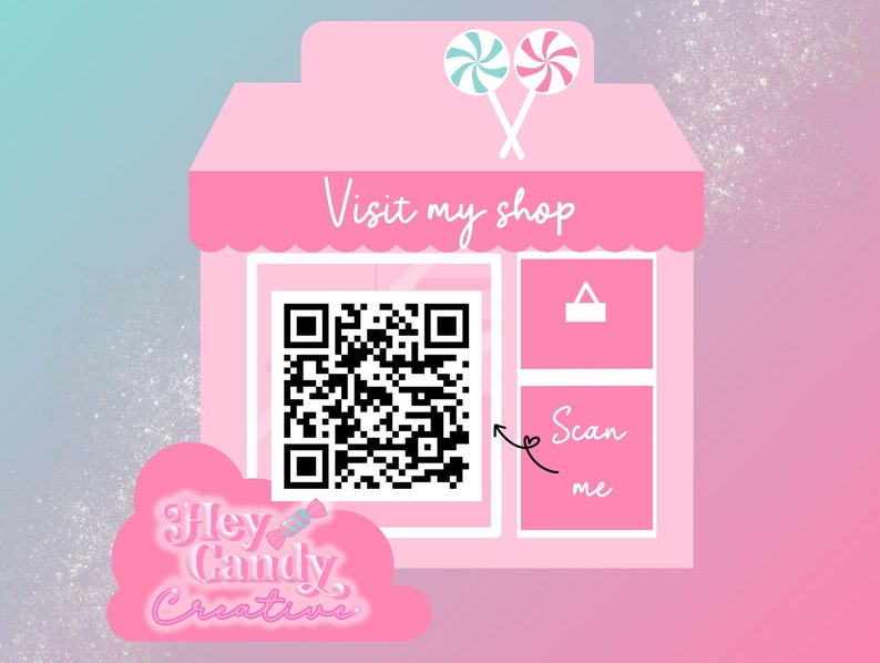 Pu&ograve; includere: Una vetrina rosa a tema caramelle. La vetrina ha un cartello che dice "Visita il mio negozio". C'&egrave; un codice QR nella finestra con il testo "Scansionami" sotto. La vetrina &egrave; decorata con due bastoncini di zucchero e una nuvola con il testo "Hey Candy Creative".