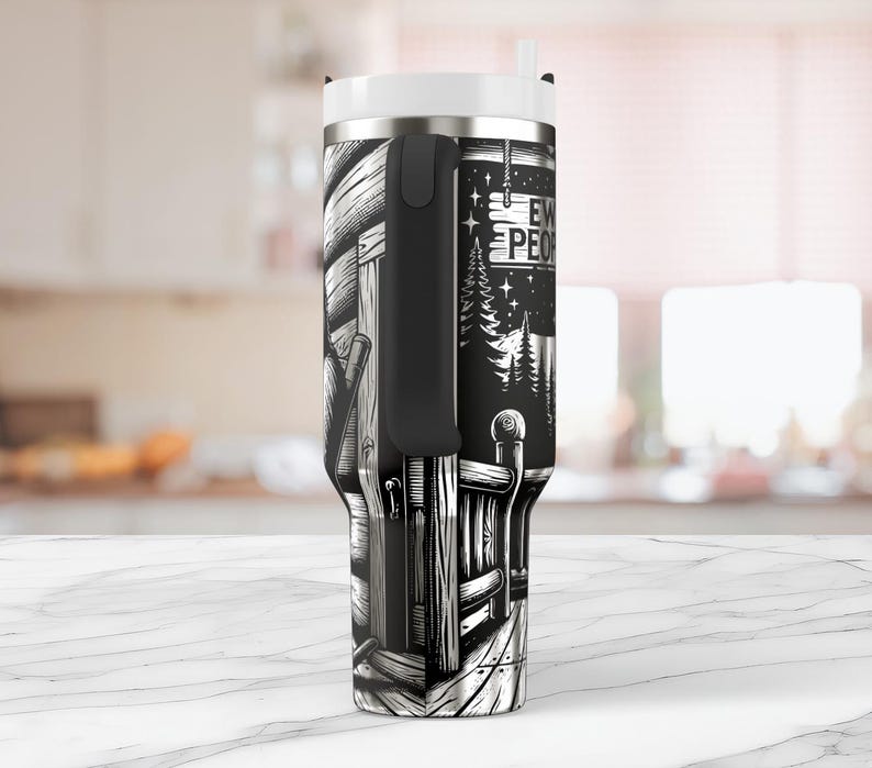 May include: A black and white stainless steel tumbler with a graphic of a cabin and the text "Even People Need A Break" on the side.