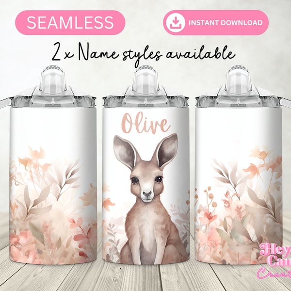 Kangaroo Kids Personalized 12oz Sippy Cup Design, Australian Animals Seamless tumbler wrap PNG, Flip Top Water Bottle Sublimation Pink Style