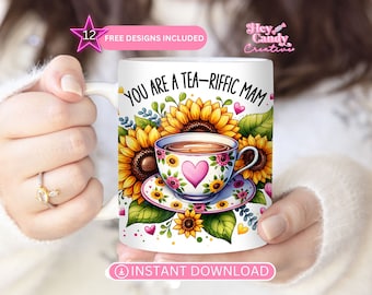 Tea-Riffic Mam Mug Wrap Design: Mother's Day Sublimation (Digital Download)