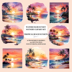 ClipArt di paesaggi al tramonto ad acquerello, tramonto sulla spiaggia tropicale PNG, design a sublimazione da 20 once per bicchiere, arte della parete, camicie, scrapbooking digitale