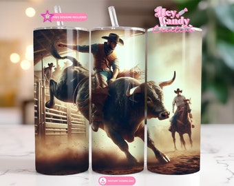 May include: A sublimation design featuring a cowboy riding a bull in a rodeo setting. The design is perfect for a tumbler or other drinkware.