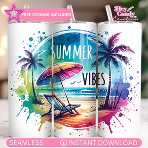 Summer Vibes Tumbler Wrap - Seamless 20oz skinny sublimation design - PNG instant digital download - Beach Vacation Tumbler Wrap