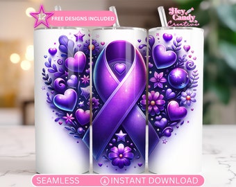 Lila Ribbon Tumbler Wrap: Bauchspeicheldrüsenkrebs Bewusstsein, Nahtlose 20 Unzen Skinny Design (PNG Digital Download)