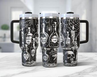 Halloween Tumbler Wrap Laser svg 40oz Quencher, Spooky Witch Apothecary Potions Seamless Laser Design, Witch&#39;s Brew Skull instant download