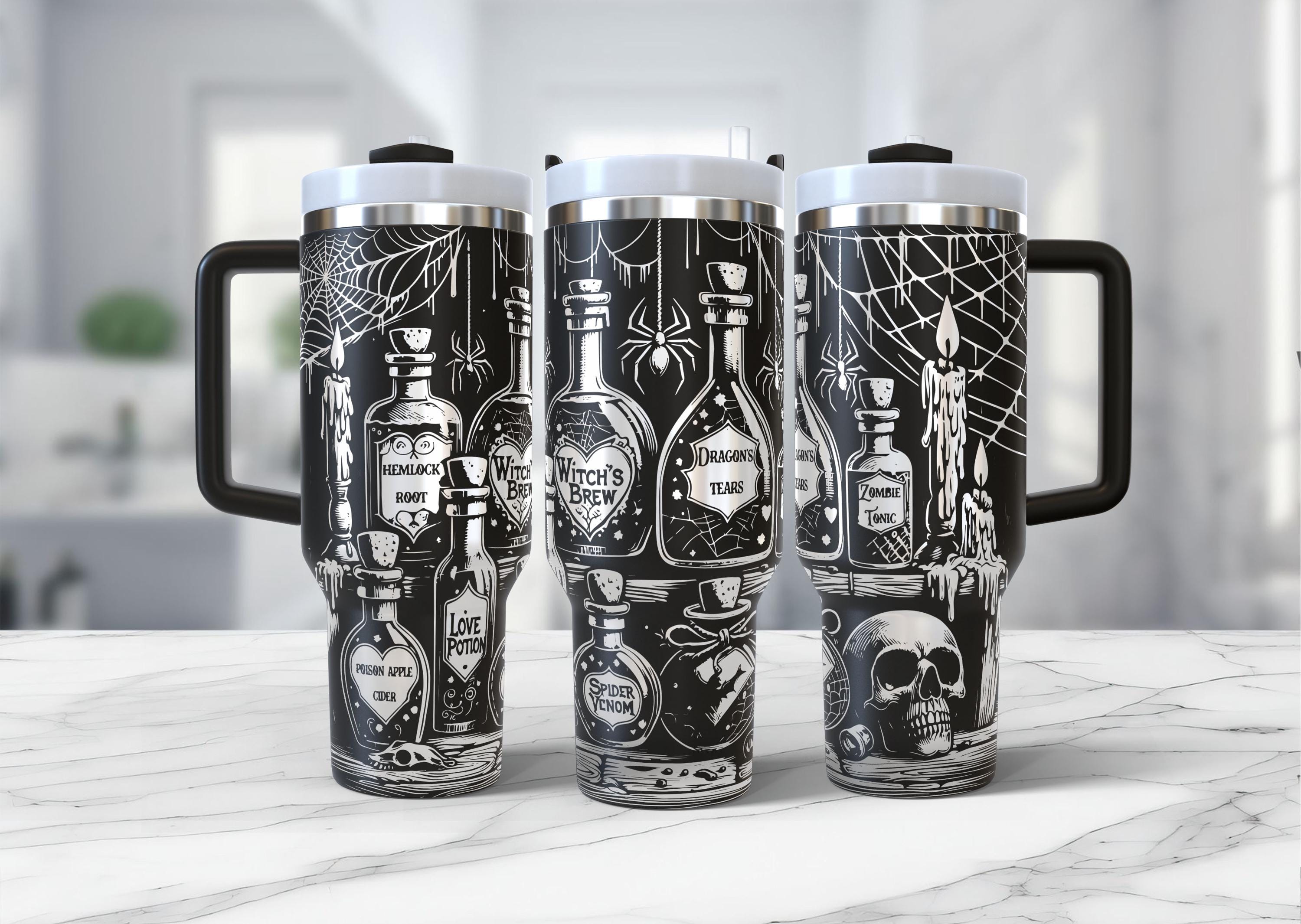 Envoltura para vaso de Halloween con láser, 40 oz, extintor, pociones de boticario de bruja espeluznante, diseño láser sin costuras, calavera de brebaje de bruja, descarga instantánea