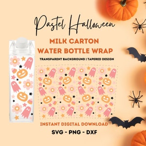 Envoltório para garrafa de água em caixa de leite, Pastel Halloween SVG PNG DXF para design de arquivo de corte de envoltório de caixa de leite de 16 onças