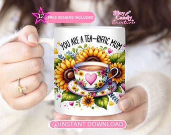 Tazza per la festa della mamma in formato PNG: design Tea-Riffic Mum (download digitale)