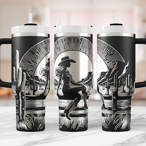 Sunset Cowgirl Tumbler Wrap Laser Quencher svg, 40oz engraving cut file western desert  Seamless Design, 40oz rotary instant download