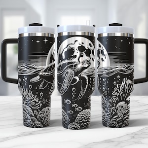 Turtle Tumbler Wrap Laser 40oz Quencher svg, Ocean Turtle Full Moon Seamless Laser Design, 40oz rotary instant download