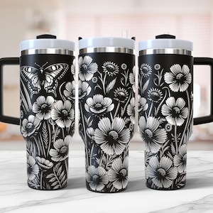 Butterfly and Wildflowers 40oz Tumbler Wrap Laser Svg, Seamless Floral Rotary Engraved Full Wrap, Flower Engraving File for 40oz cup
