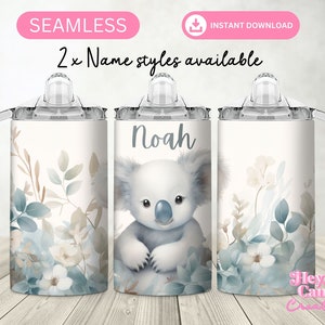 Personalized Koala and Flowers 12oz Sippy Cup Design | Australian Animals Seamless tumbler wrap PNG | Flip Top Water Bottle Sublimation