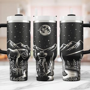 Cowgirl Campfire Tumbler Wrap Laser Quencher svg, 40oz engraving cut file western desert horse Seamless Design, 40oz rotary instant download