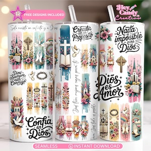 Spanish Bible Motivational Quotes 20oz Skinny Tumbler Sublimation Design, Brushstroke Christian Faith Religious PNG instant digital download