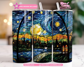 Tumbler Wrap Notte Stellata: Disegno di vetrate colorate di Van Gogh (download digitale PNG)